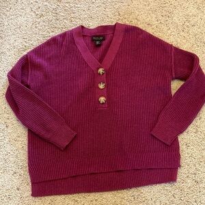 Rachel Zoe Drop Sleeve Half Button V-Neck Step Hem Sweater Warm Berry Purple